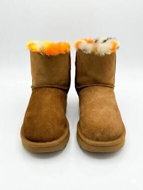 Authentic UGG Plaid Punk Bailey Bow Chestnut Suede Boots Fur Trim - US Women 6